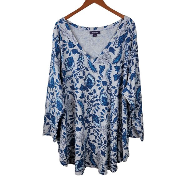 Roamans Waffle Knit Top Plus 4X Shirt Pullover layering casual Grey Blue Paisley - Picture 2 of 7